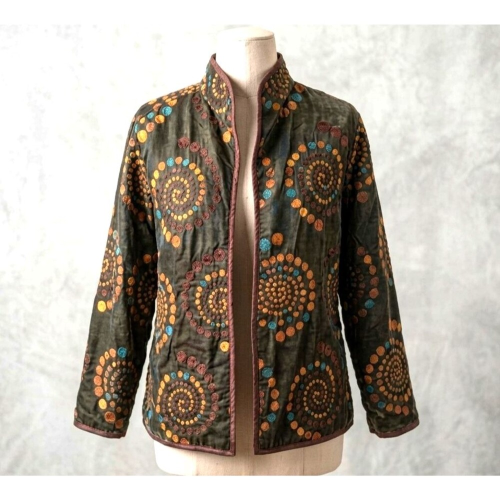 Anu By Natural Art To Wear Mosaic Spiral Aqua Brown Open Jacket Women S Boho VTG